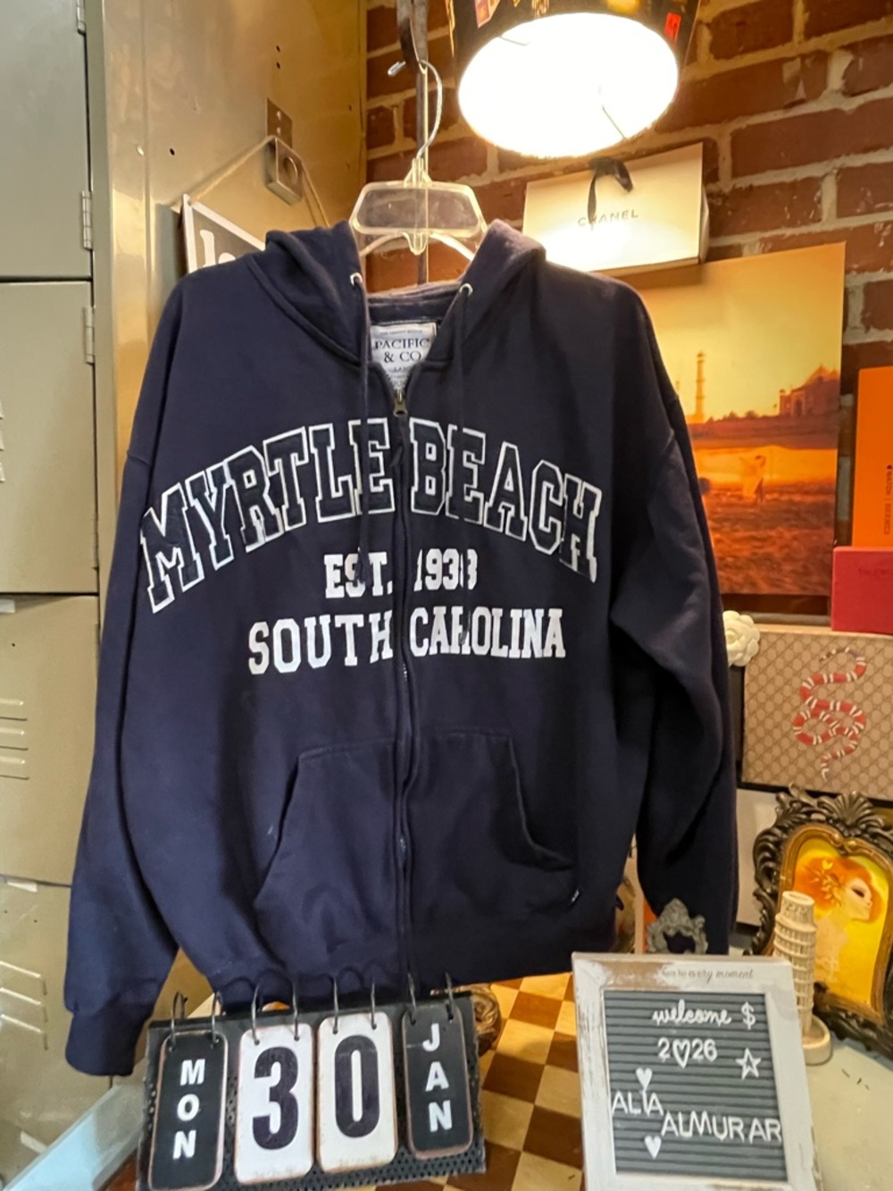 Hoodie Exist Myrtle Beach South Carolina Embroidered Navy /White Siz